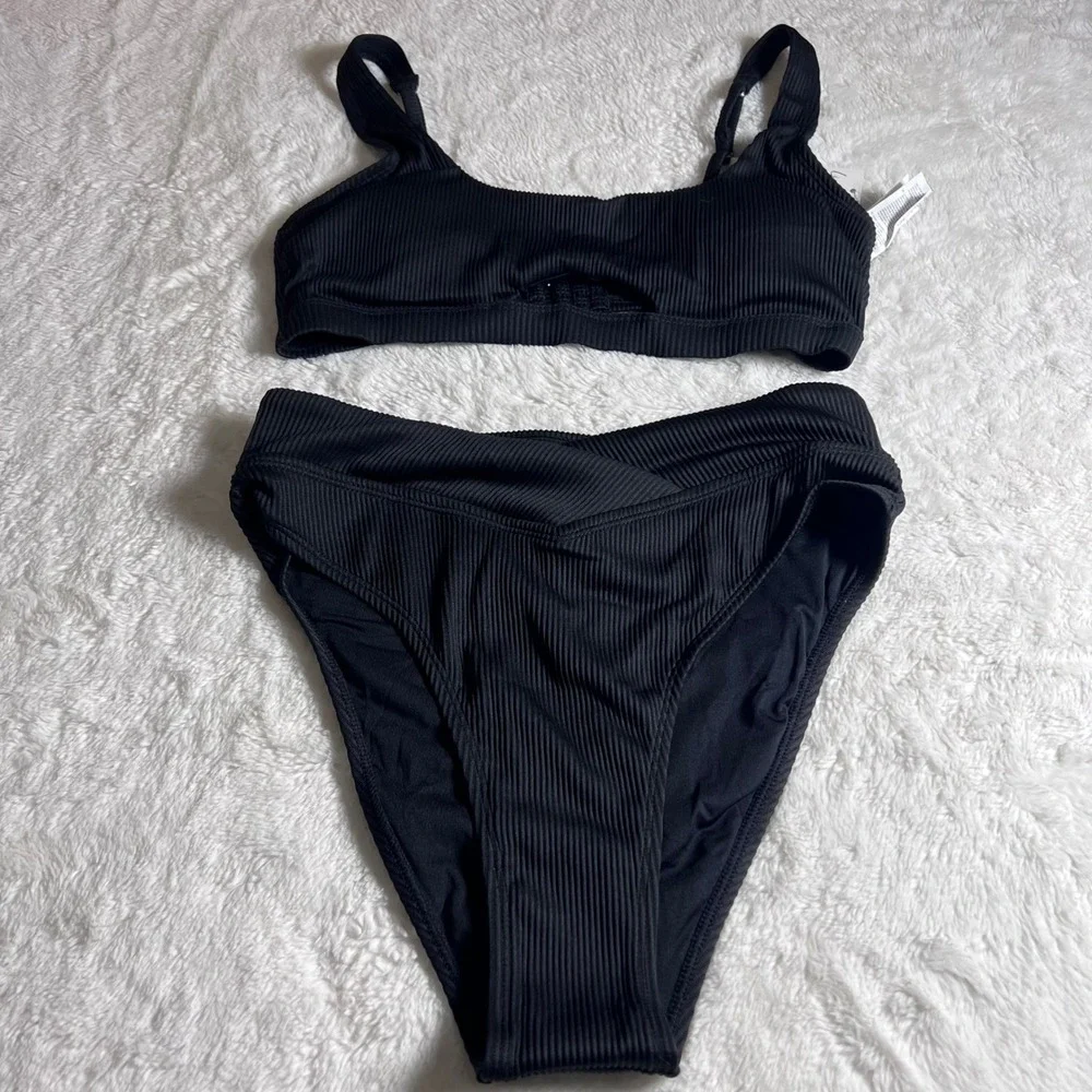 Cupshe Black Ribbed High Waisted Bikini Set Keyhole Top Crossover‎ Bottom Medium